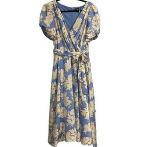 DKNY surplice v-neck dress with sash. Blue with yellow/white flowers. Size 14